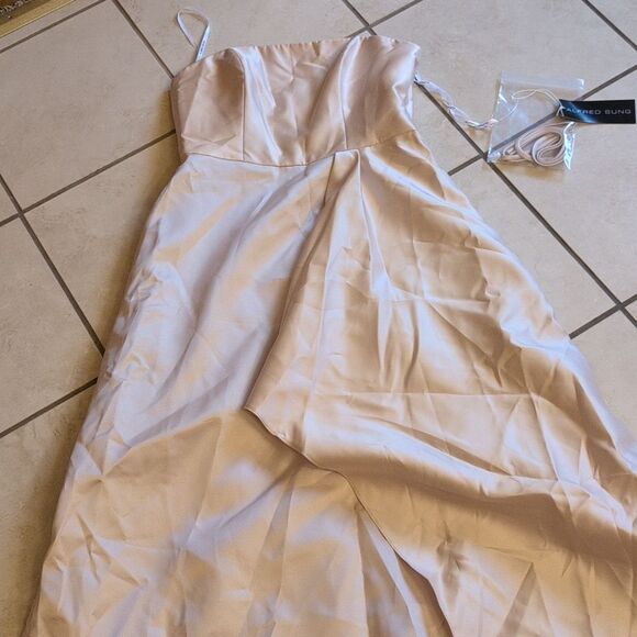 Alfred Sung Strapless Satin Gown Draped Front Slit Pockets Champagne 6 - Picture 2 of 14